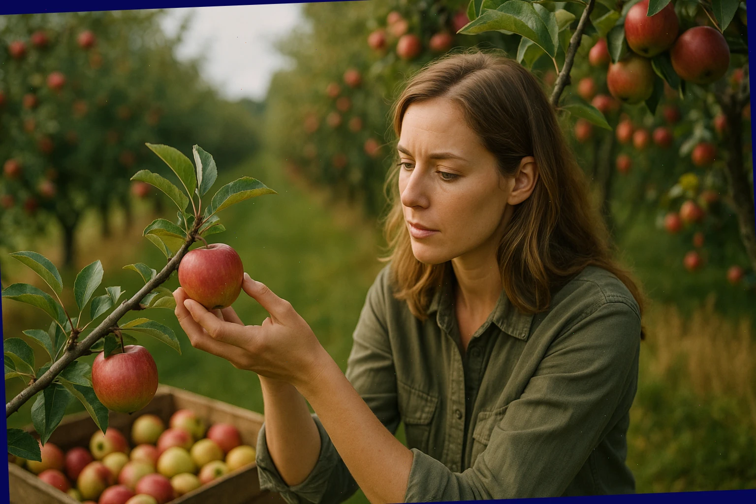 Lucy checking ripeness in a Gloucestershire orchard