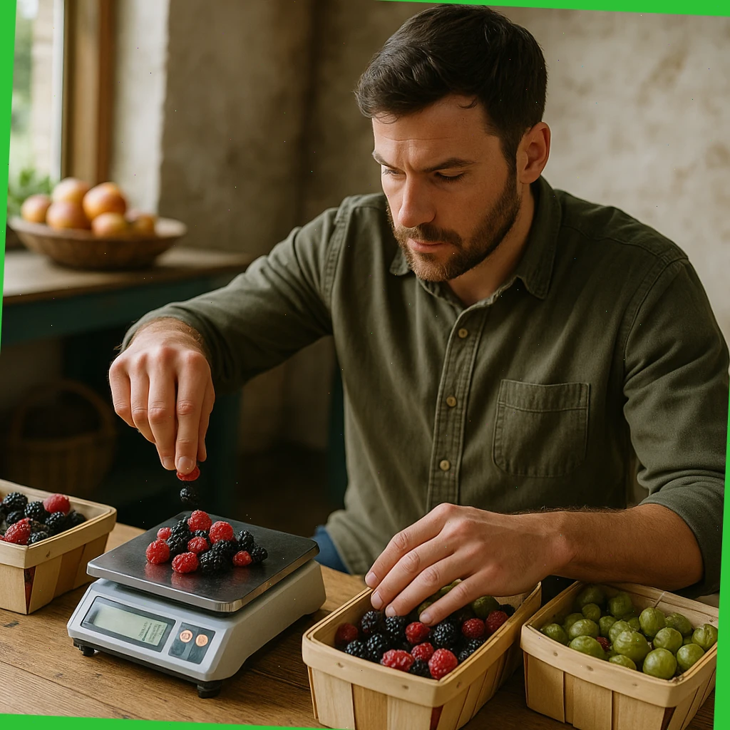 Noah weighing soft fruit for mixed boxes